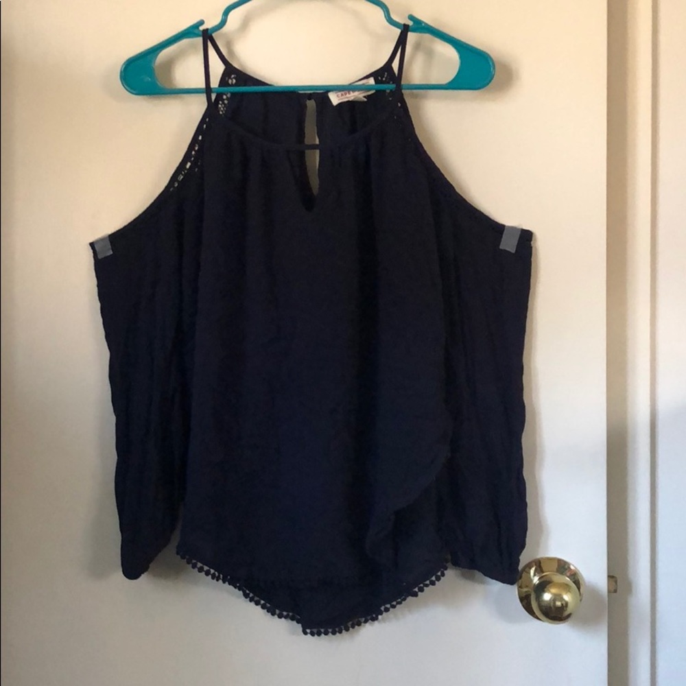 Navy off the shoulder ruffle shirt